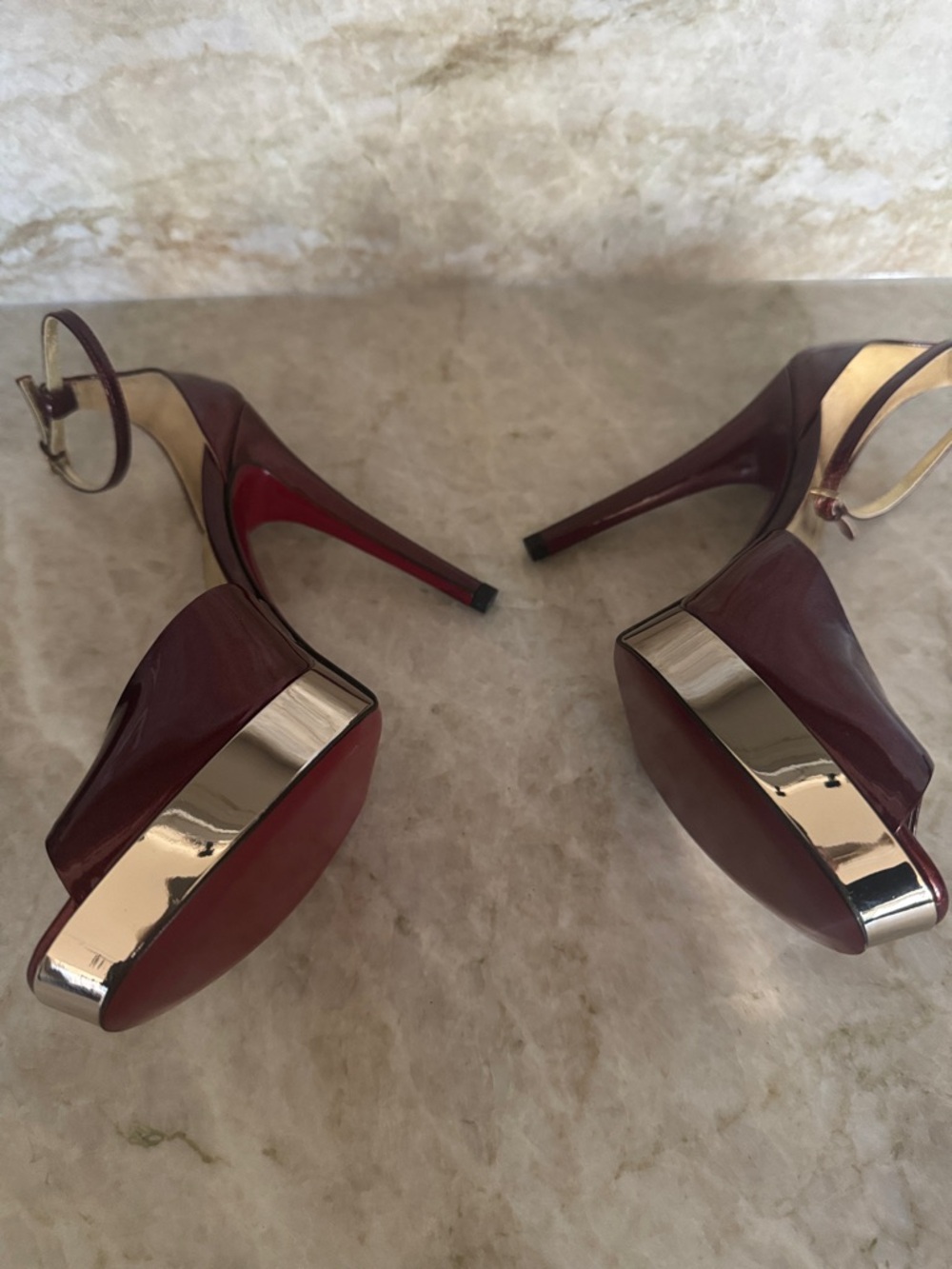 Gucci Women's Maroon Patent Leather Peep-Toe Ankle-Strap Heels - Picture 5 of 9